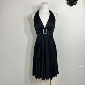 Y2K Dress Medium Black Halter Babydoll Pleated Party Cocktail 00s Vintage